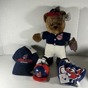 Vintage Lot Of 4 Mixed Cleveland Indians MLB Hat Teddy Bear Window Clings w/Tags